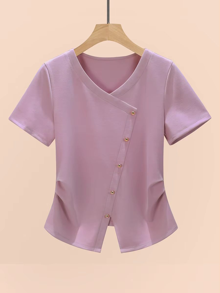 T-Shirt blanc à la taille pour femmes, Style français, col en V, manches courtes, chemisier à la mode, été 2025