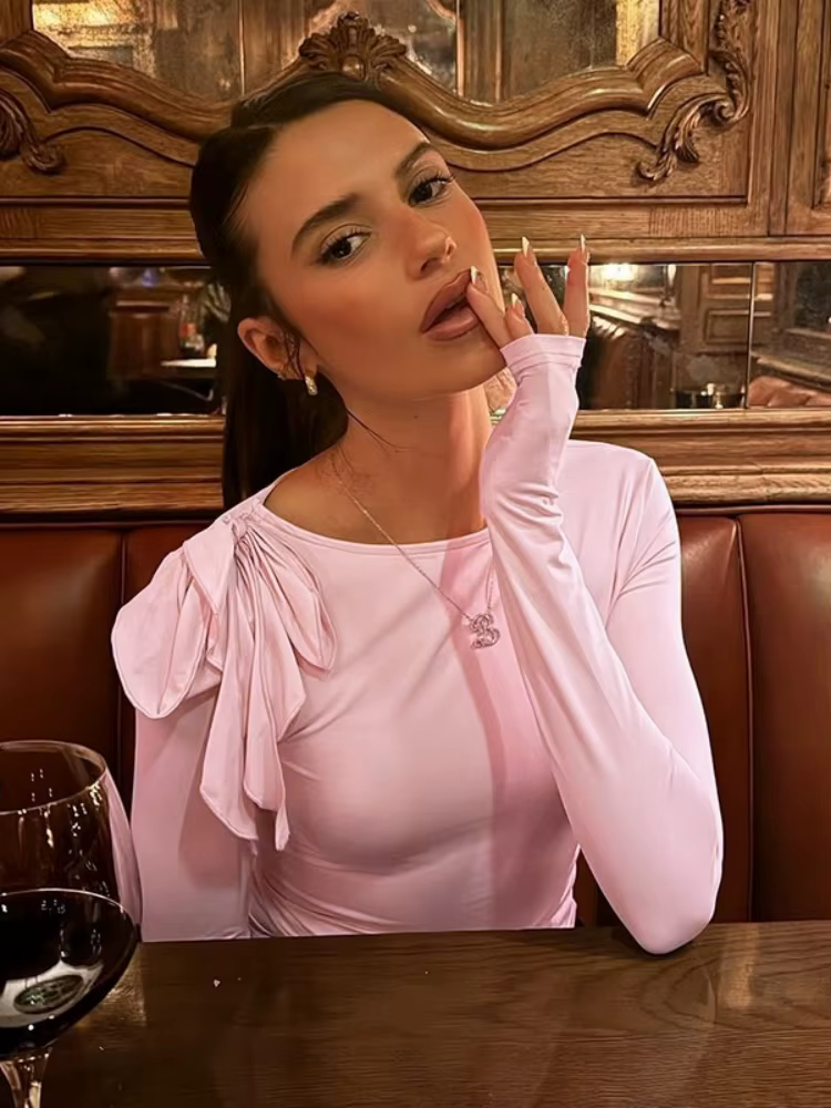 Noeud papillon t-shirts pour femmes Streetwear à manches longues haut court Y2k vêtements couleur unie t-shirt Sexy Ropa De Mujer coupe ajustée Camisetas