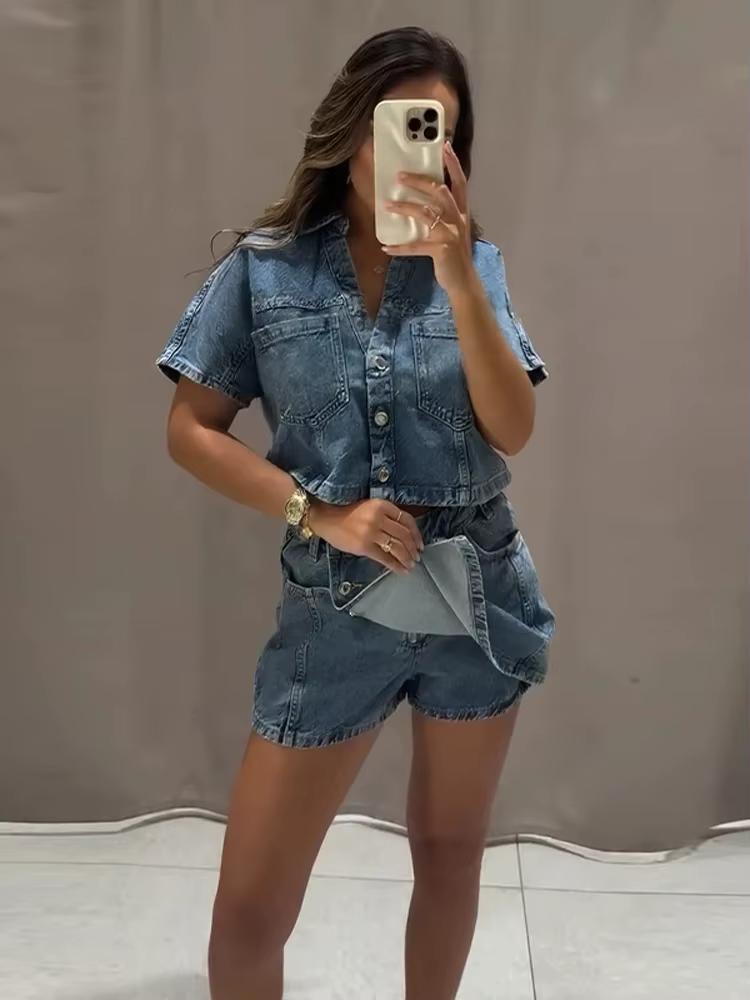 Ensembles de shorts en jean chics pour femmes ou chemises à manches courtes amples à col en V boutonnées ou t-shirts