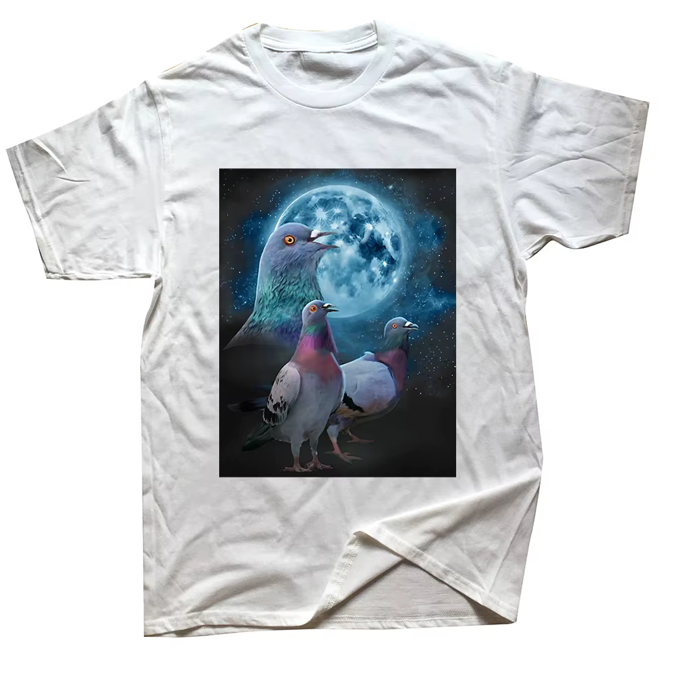 Pigeons hurlant à la lune drôle oiseau t-shirt hauts col rond à manches courtes mode