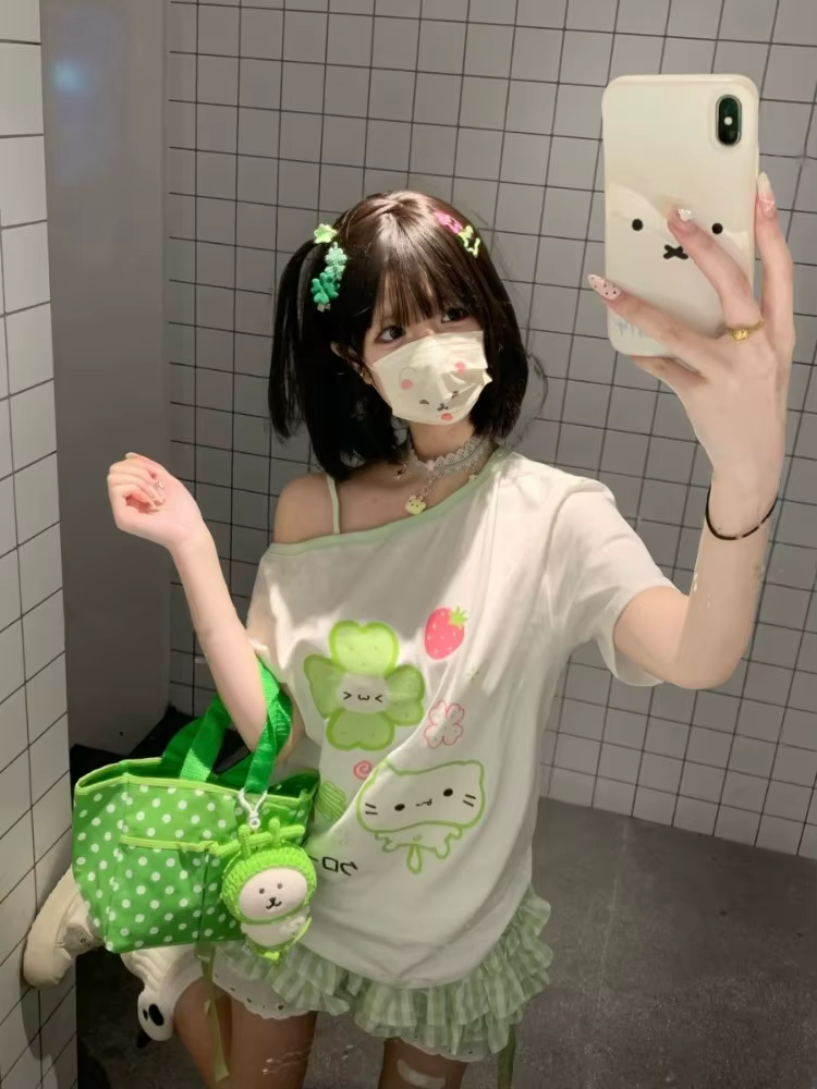 Ezgaga Harajuku t-shirts femmes dessin animé doux col diagonale manches courtes épaules nues drôle hauts femme Y2k dames