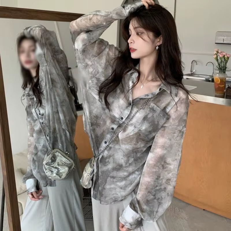 Tie Dye Chemises Femmes Lâche Crème Solaire Vintage D'été Respirant Élégant Mode Femme Mince Décontracté Quotidien Style Coréen Simple BF