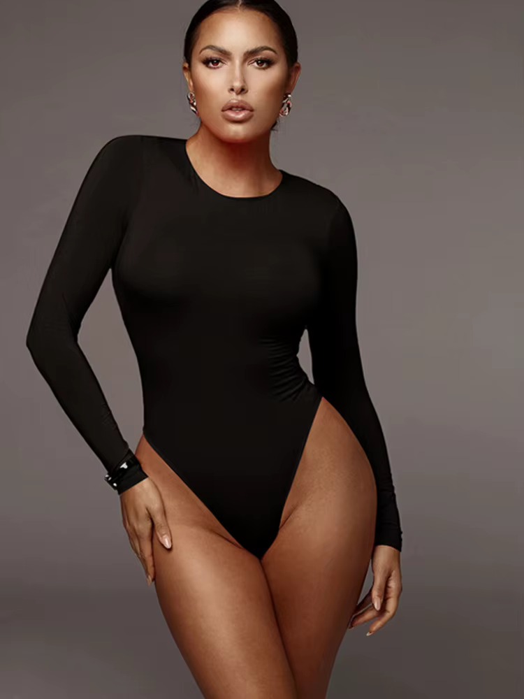O cou à manches longues solide blanc Sexy Body femmes noir automne hiver corps haut gris décontracté dame Streetwear