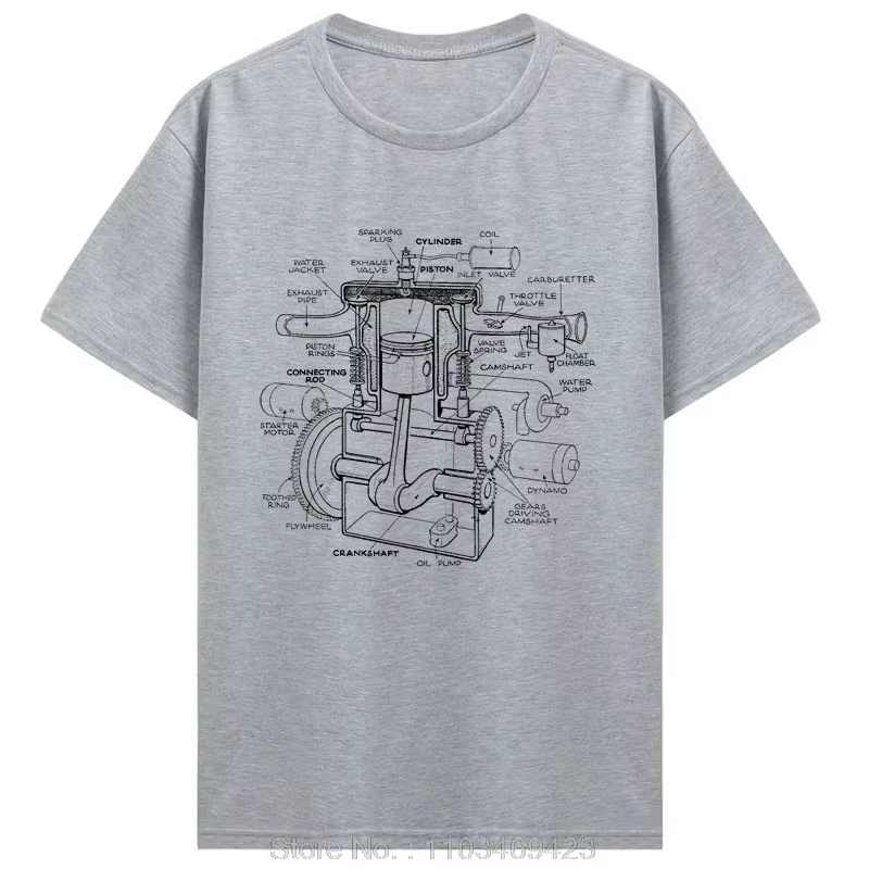 T-shirt en coton imprimé avec motif de composants de moteur de voiture pour hommes - Chemise d'été à manches courtes. Convient aux passionnés de mécanique automobile