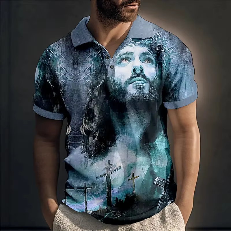 Polo à manches courtes avec impression 3D du Christ Jésus pour homme
