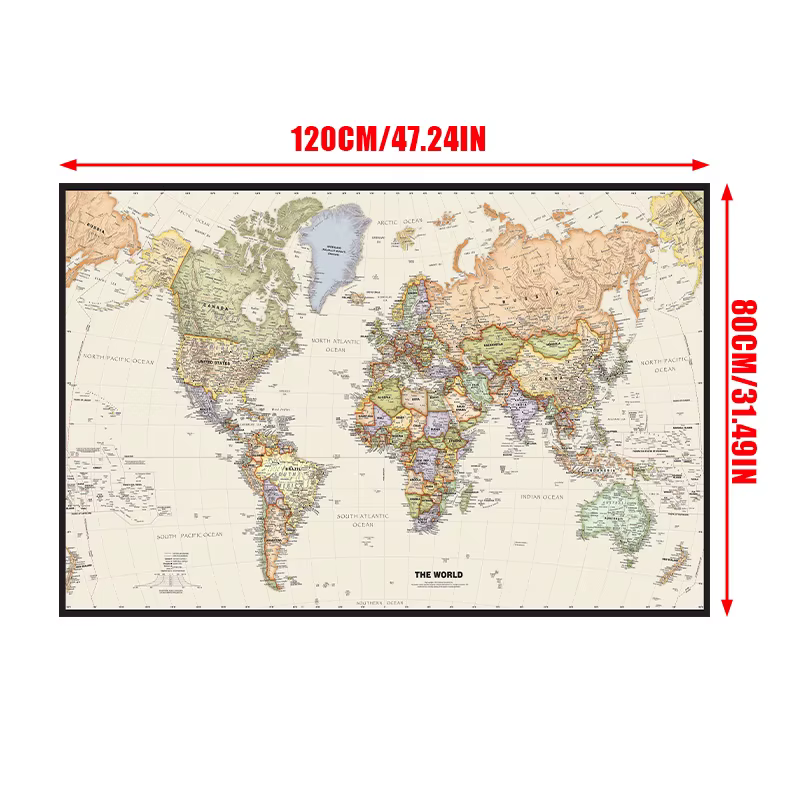 Affiche murale de carte du monde en anglais, tissu Non tissé sans cadre, peinture imprimée, image, fournitures scolaires, carte de voyage Vintage, 120x80cm