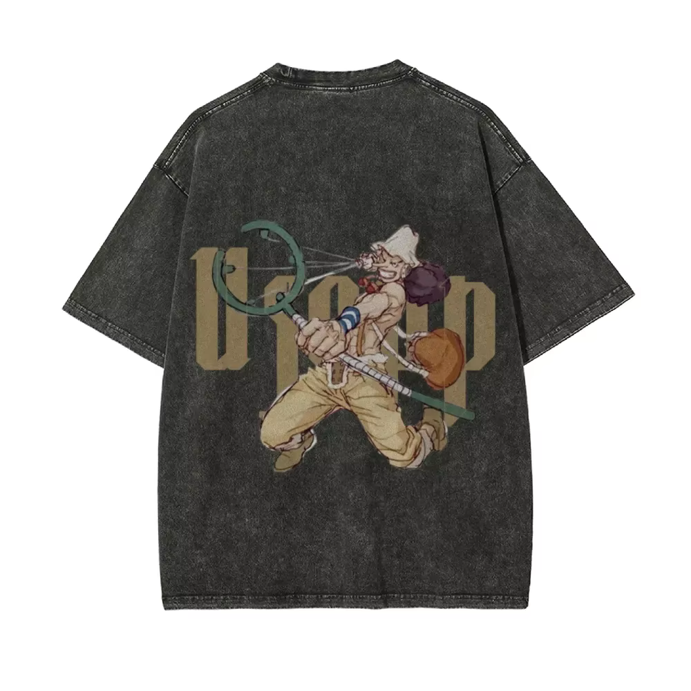 2026 une pièce Usopp Sniper King rétro lavé T-shirt chapeau de paille groupe Marksman vieux ample Anime rue à manches courtes hommes haut