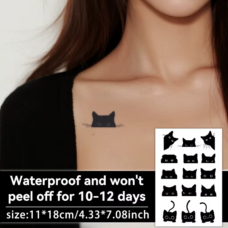 Tatouage temporaire motif petit chat noir, à base de jus végétal, semi-permanent, imperméable et longue durée, autocollant sexy pour bras pour femme