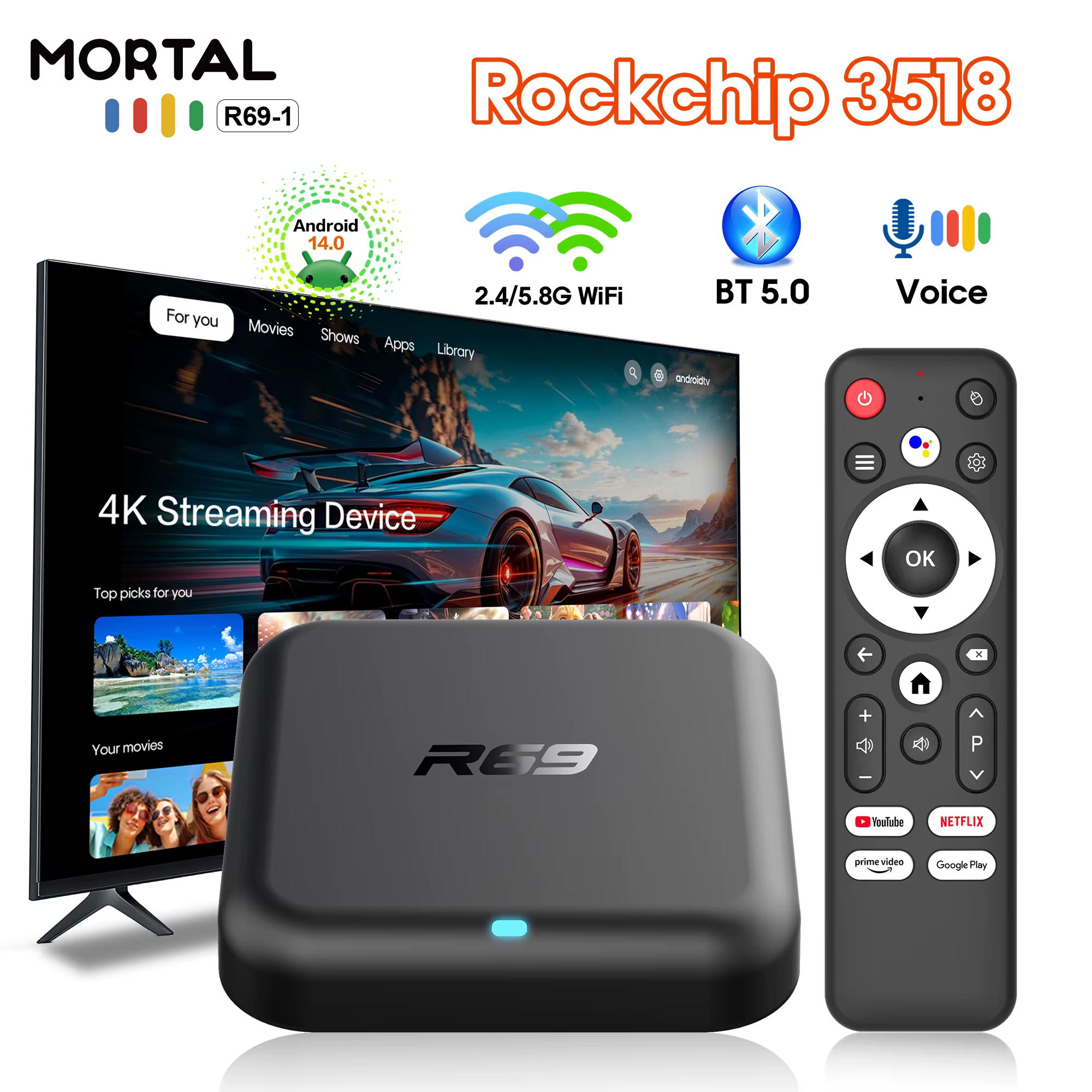 Boîtier TV Android 14 R69-1 Double Wi-Fi 2.4G/5G BT5.0 Lecteur Multimédia 4K UHD HDR 2 Go RAM 16 Go ROM Décodeur Intelligent Divertissement à Domicile