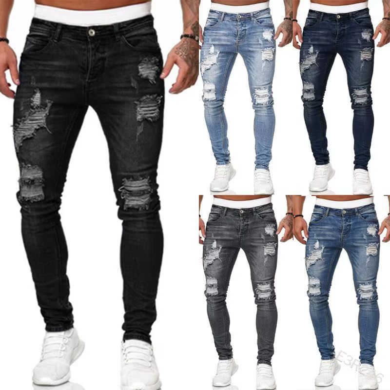 Hommes jean genou trou déchiré Stretch maigre Denim pantalon couleur unie noir bleu automne été Hip-Hop Style Slim Fit