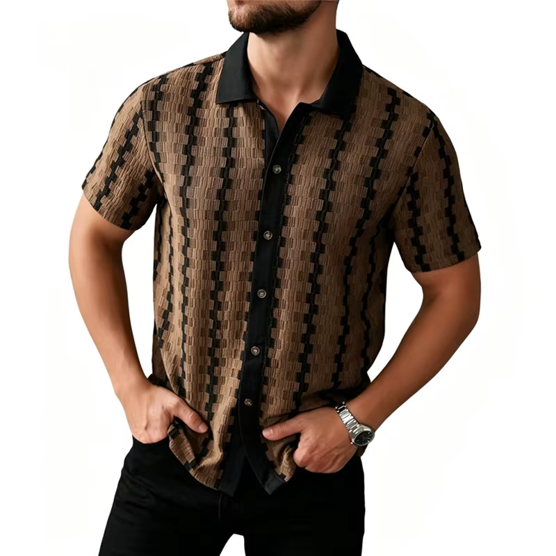 Chemise d'été 2026 pour homme, tricotée à carreaux rétro, à manches courtes, haut polyvalent décontracté et élégant