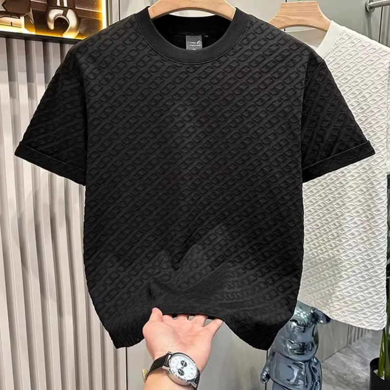 T-shirt d'été pour homme en jacquard texturé à manches courtes, col rond, ample, respirant, basique et décontracté