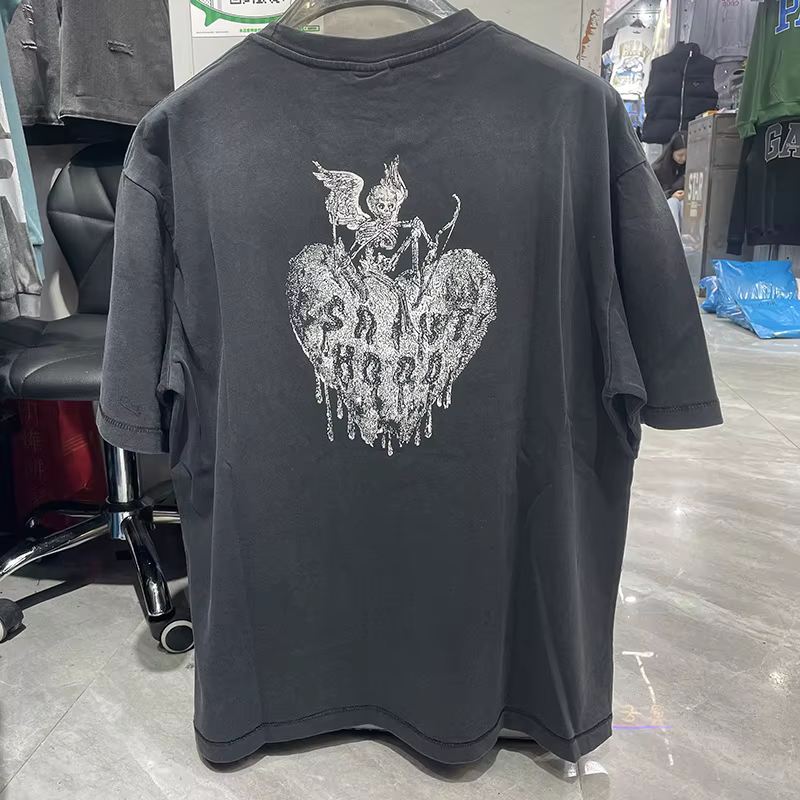 Vintage lavé noir Streetwear Saint capuche T-Shirt hommes femmes surdimensionné ange crâne amour imprimé Splash-encre