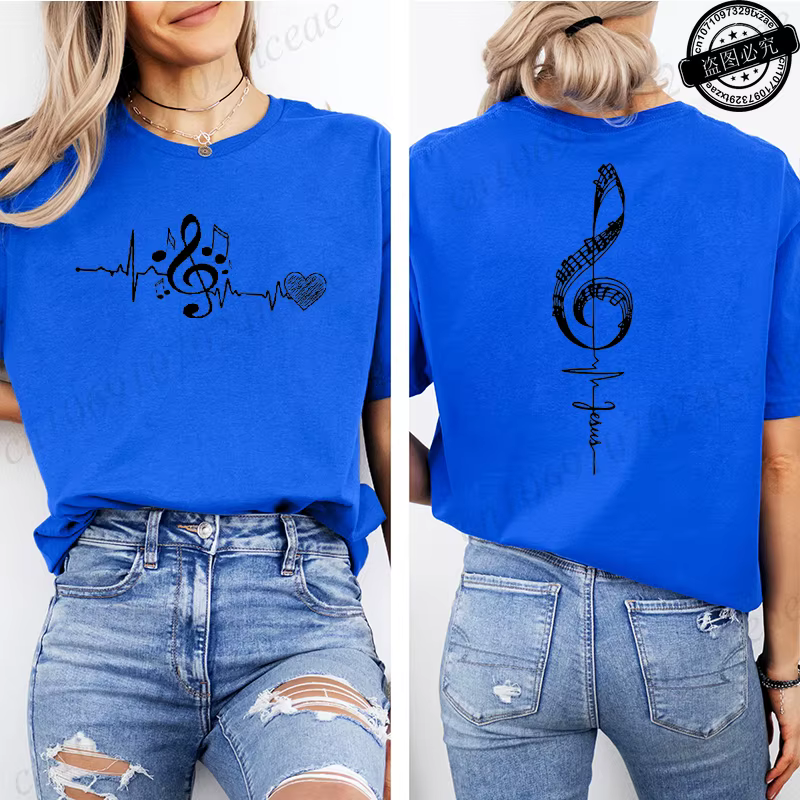 T-shirt imprimé avec notes musicales pour femmes, t-shirts graphiques avec motif de battement de cœur, vêtements esthétiques pour femmes, cadeau pour musicien