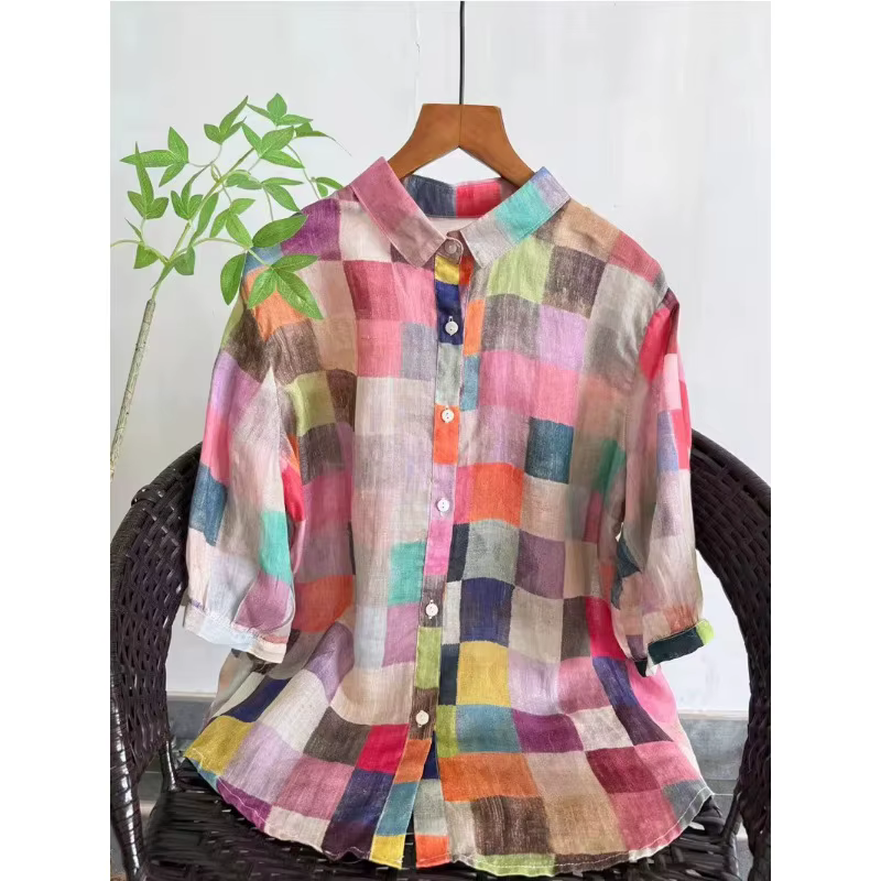Chemise en coton à imprimé géométrique ethnique pour femmes