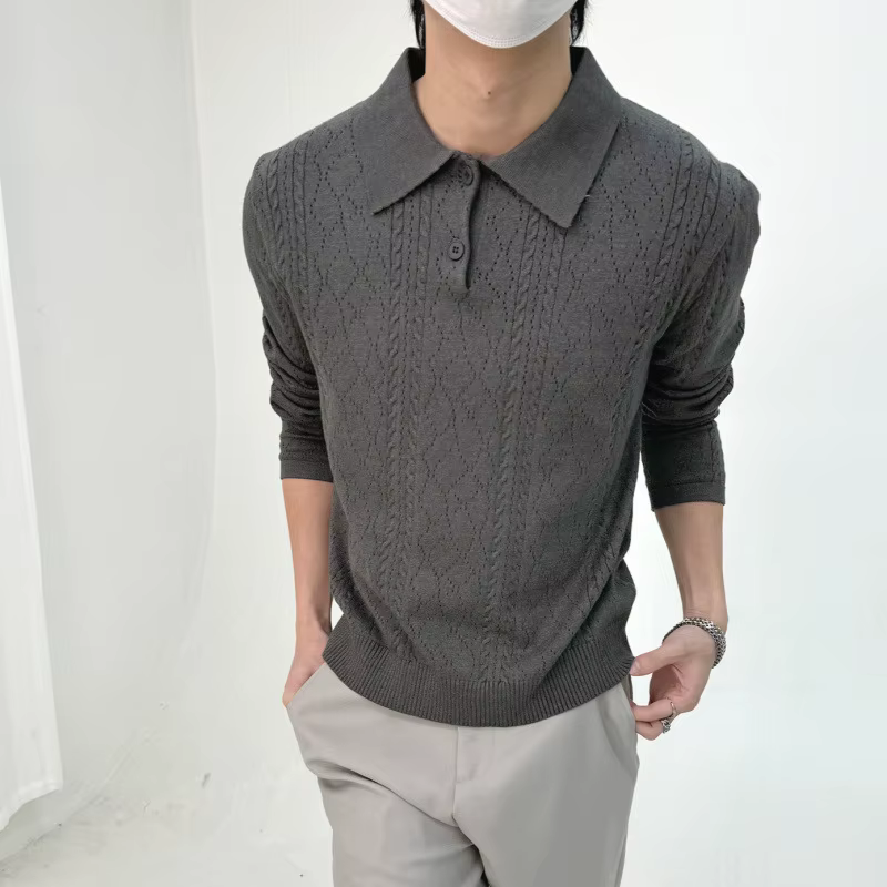 Polo en tricot jacquard pour homme, style rétro, manches longues, col à revers