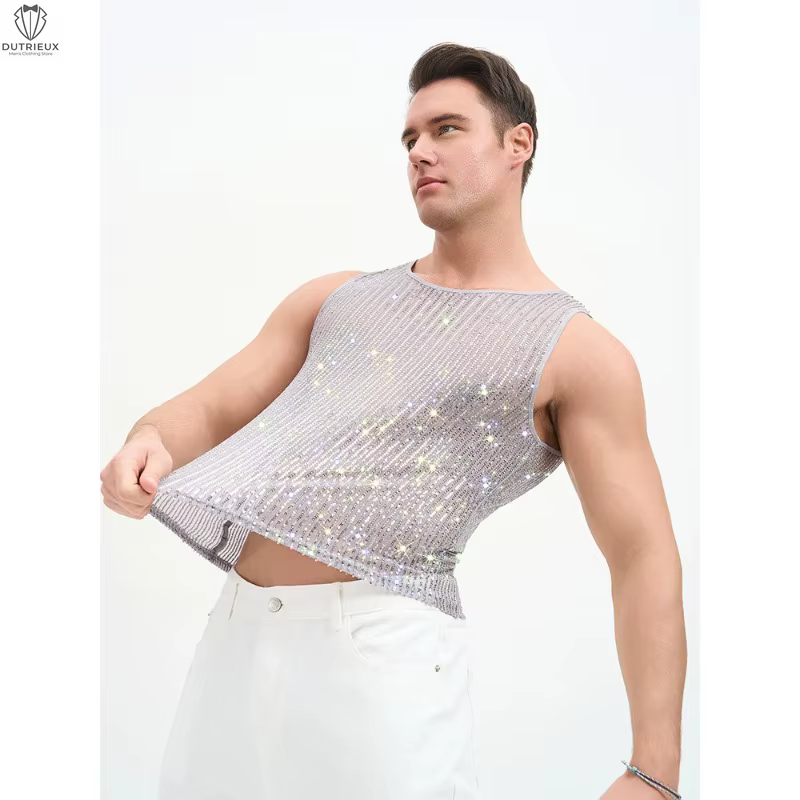 Débardeur court à paillettes pour homme – Gilet sans manches scintillant pour soirée
