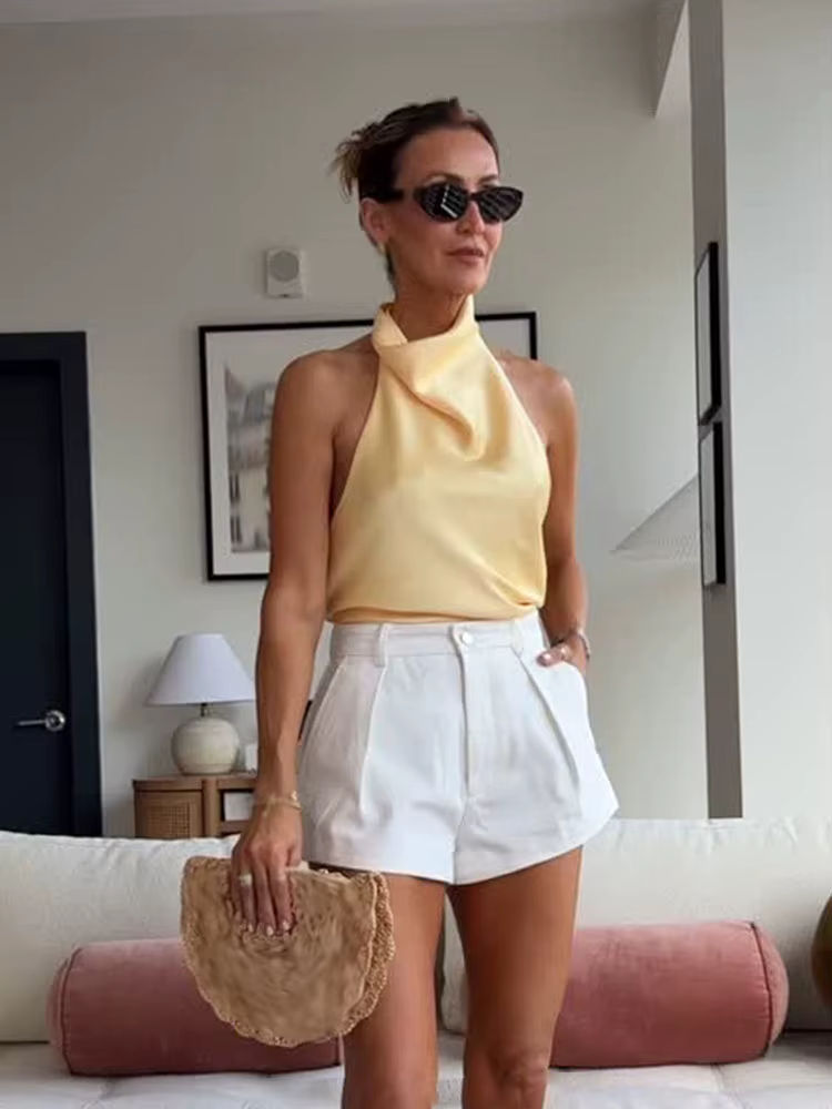 HH femmes été nouvelle mode Chic hauts courts solide sans manches dos nu décorer boutons femme Sexy mince