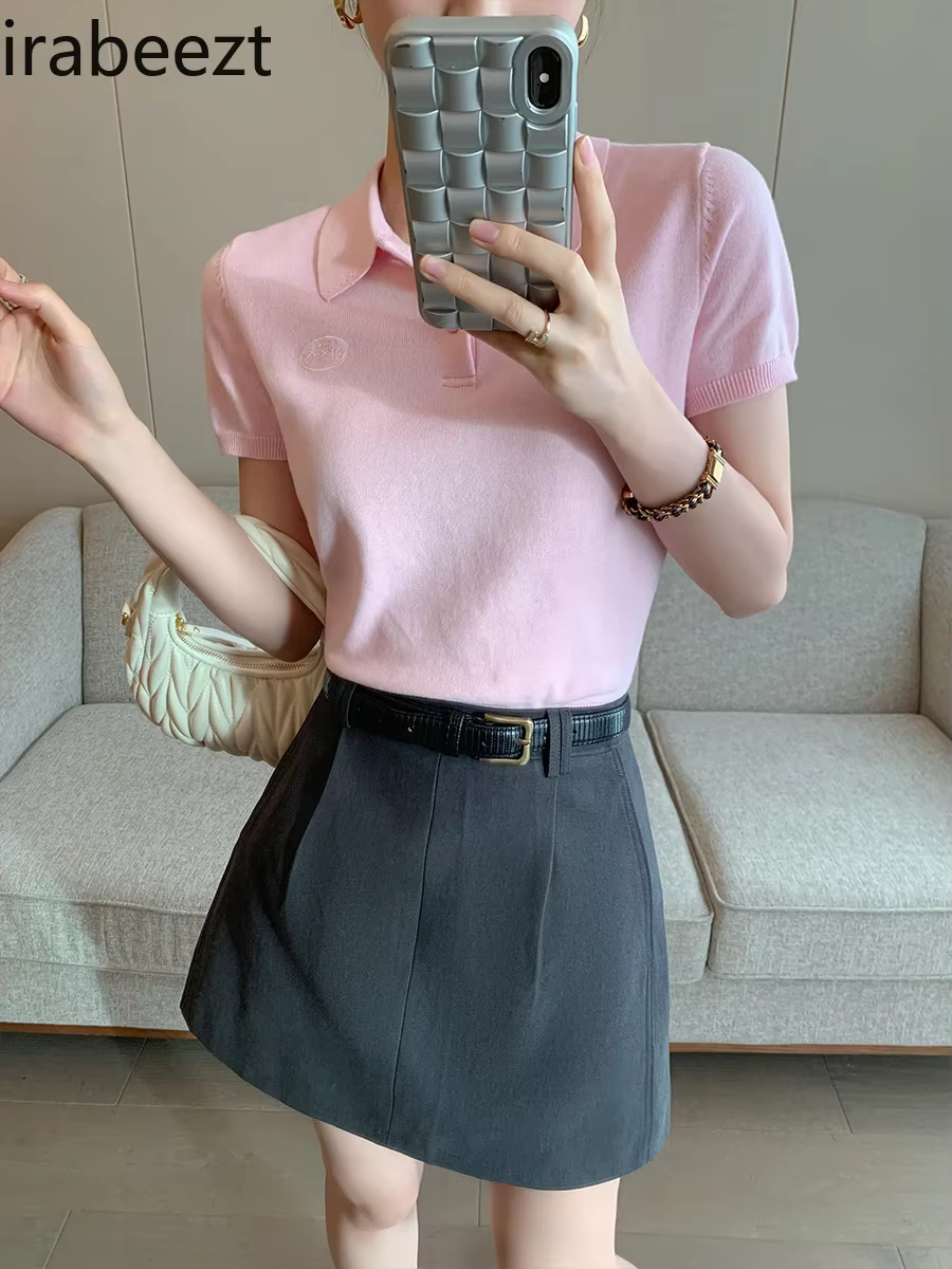 Polo rose tricoté T-shirt haut pour femme chemises à manches courtes 2025 nouvelle chemise printemps été pour femmes vêtements