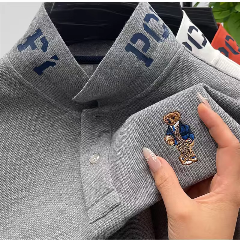 Marque de luxe hommes Polo revers ours broderie impression à manches longues 100 coton T-Shirt automne affaires mode