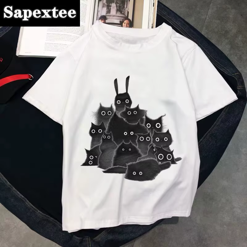 T-shirt col rond femme blanc, estival et aéré, avec chat kawaii, 2020