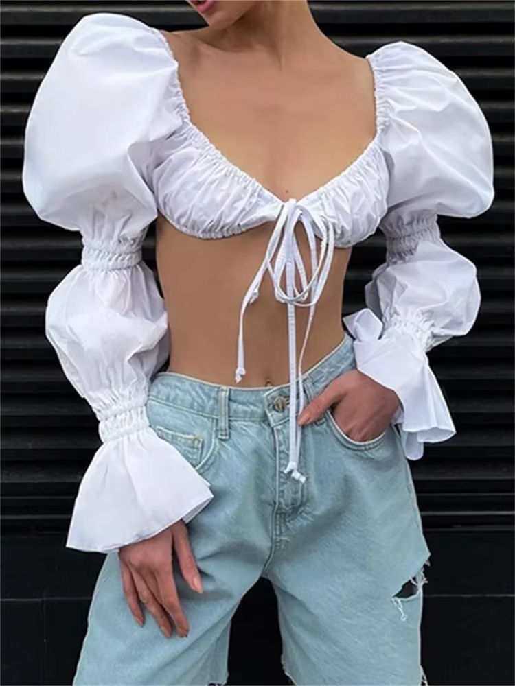 Hauts et chemisiers blancs pour femmes, manches longues bouffantes, col carré, crop tops à nouer, chemises vintage élégantes et sexy pour l'automne