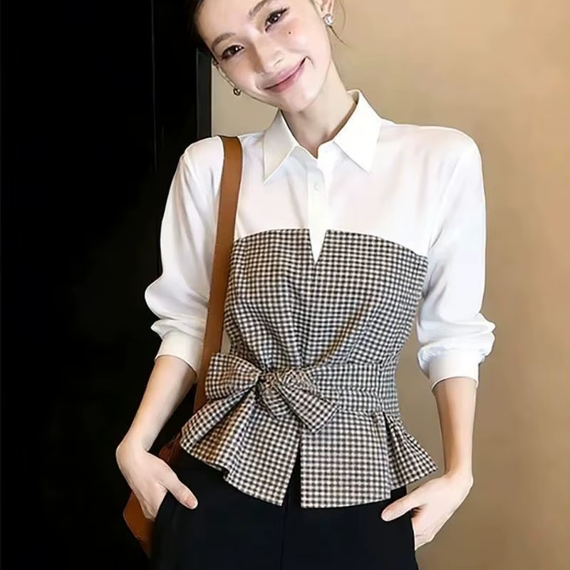 Chemisier Tendance Faux Deux Pièces à Carreaux Contrastants, Col Polo, Manches Longues, Élégant, Printemps-Automne, Style Coréen, Vêtements de Bureau pour Femmes