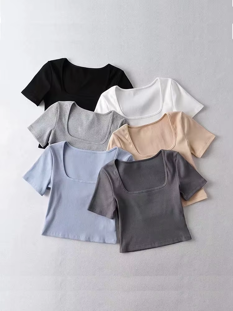T-shirt court côtelé à col carré pour femmes, haut court à manches courtes