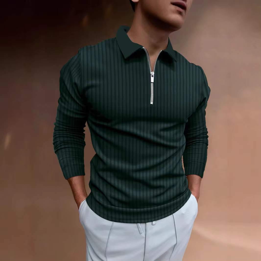 Polo pour hommes avec col, rayures, manches longues et fermeture éclair