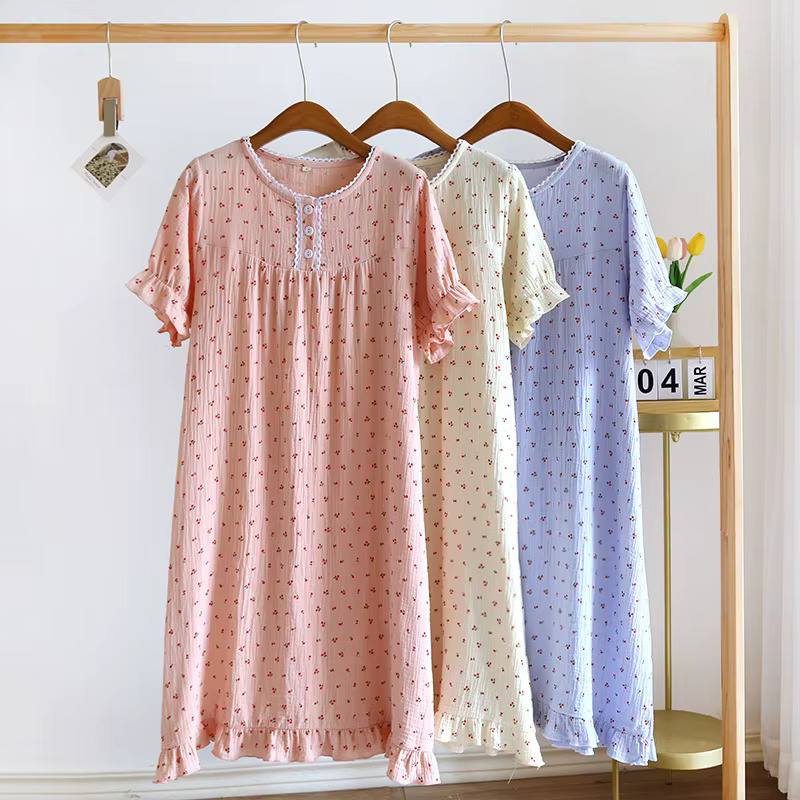 Chemise de nuit à manches courtes femmes dentelle cerise imprimé