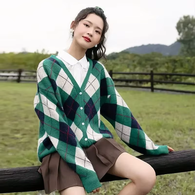 Hauts en tricot pour femme à carreaux vert col en v pull