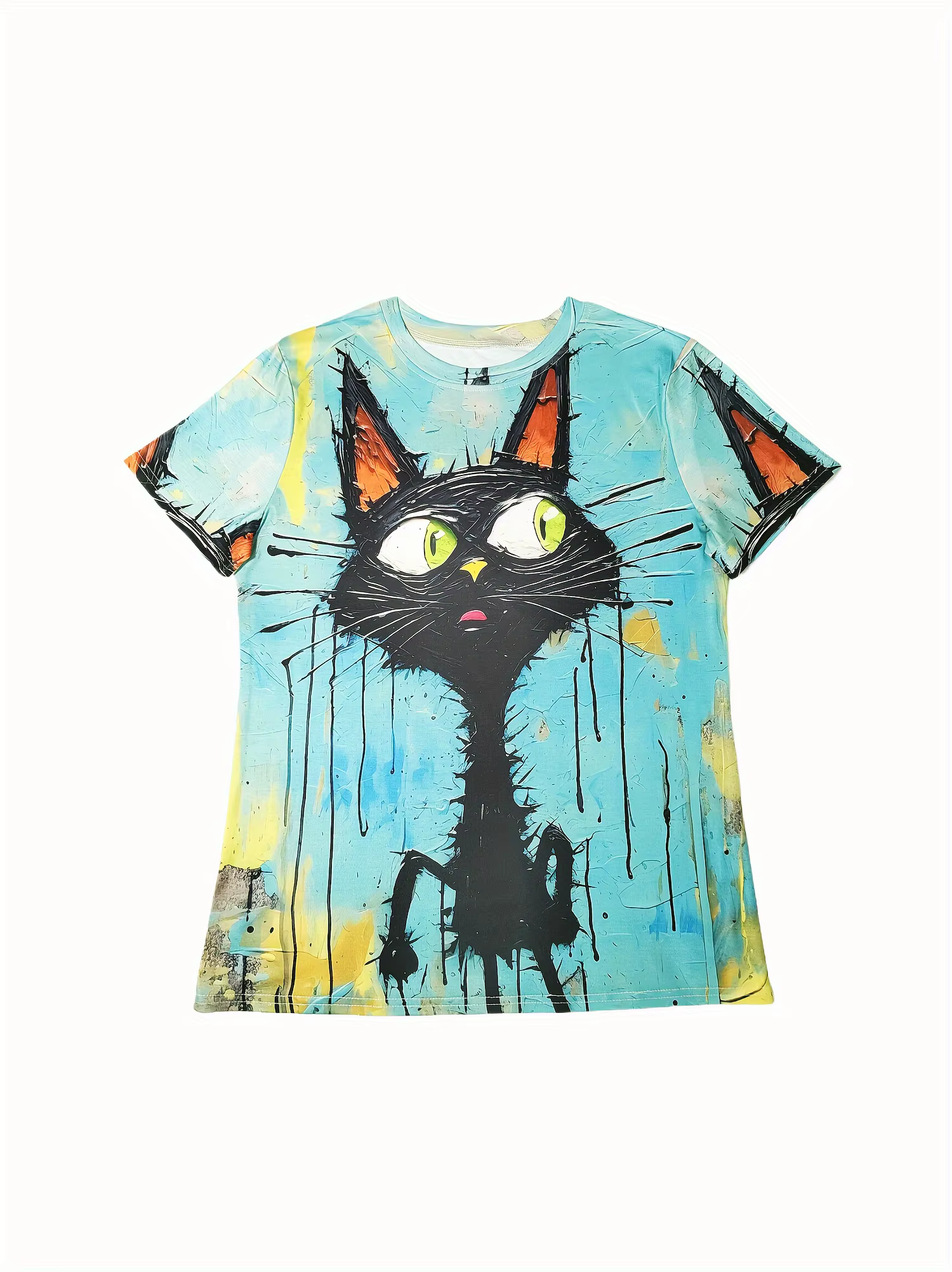 T-shirt femme Turquoise Pop Art Cat - Motif chat noir audacieux et effet goutte de peinture