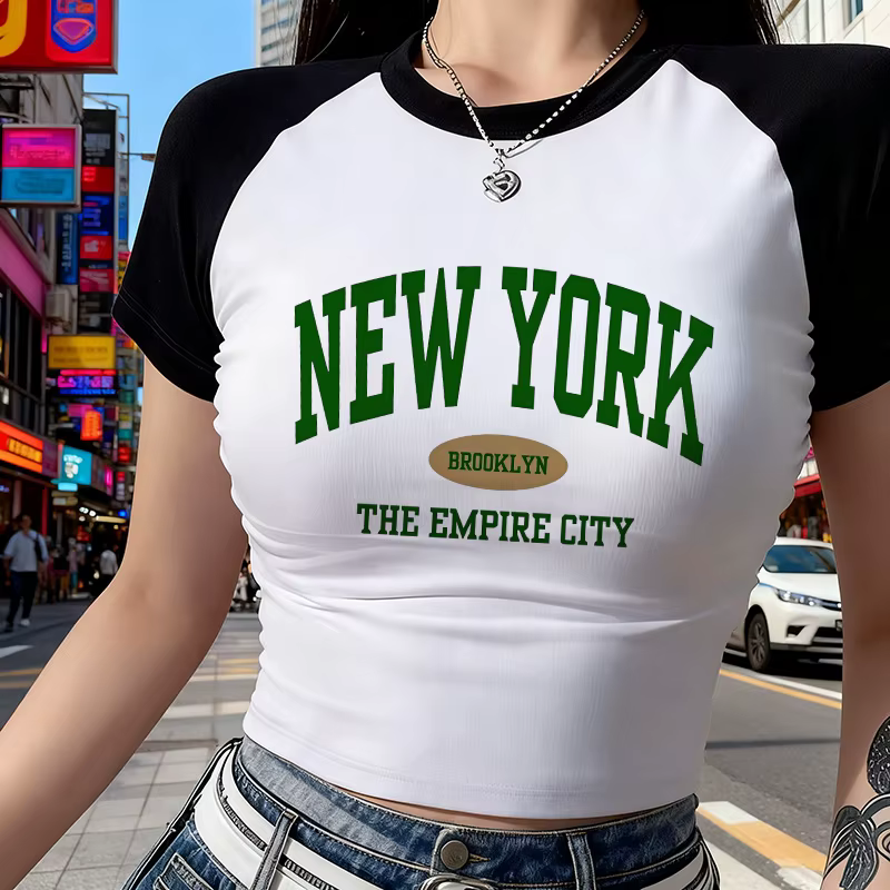 T-shirt court à col rond imprimé Lettre New York pour femme