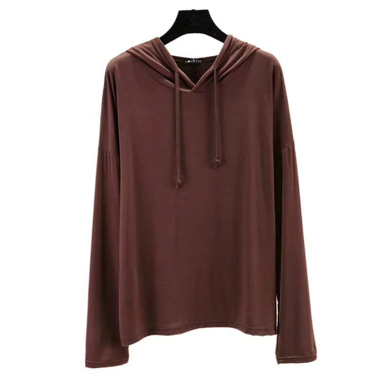 T-shirt à capuche en modal pour femme, haut décontracté printemps-automne, manches longues, coupe ample, doux, anti-UV, chemise de base, grande taille 2026