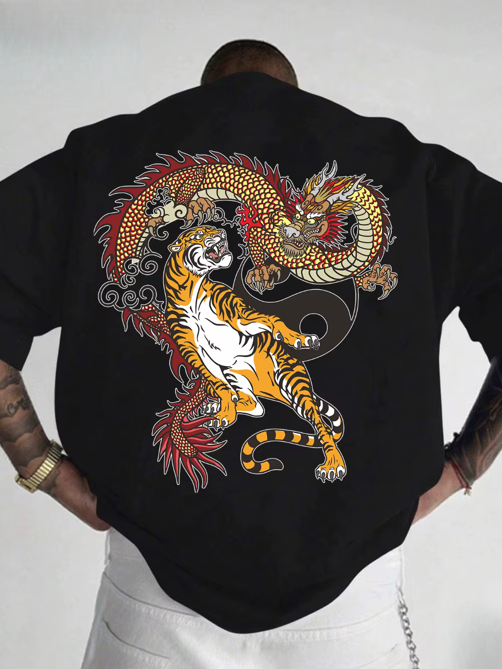 T-shirt pour homme avec impression par transfert thermique « Dragon et Tigre »