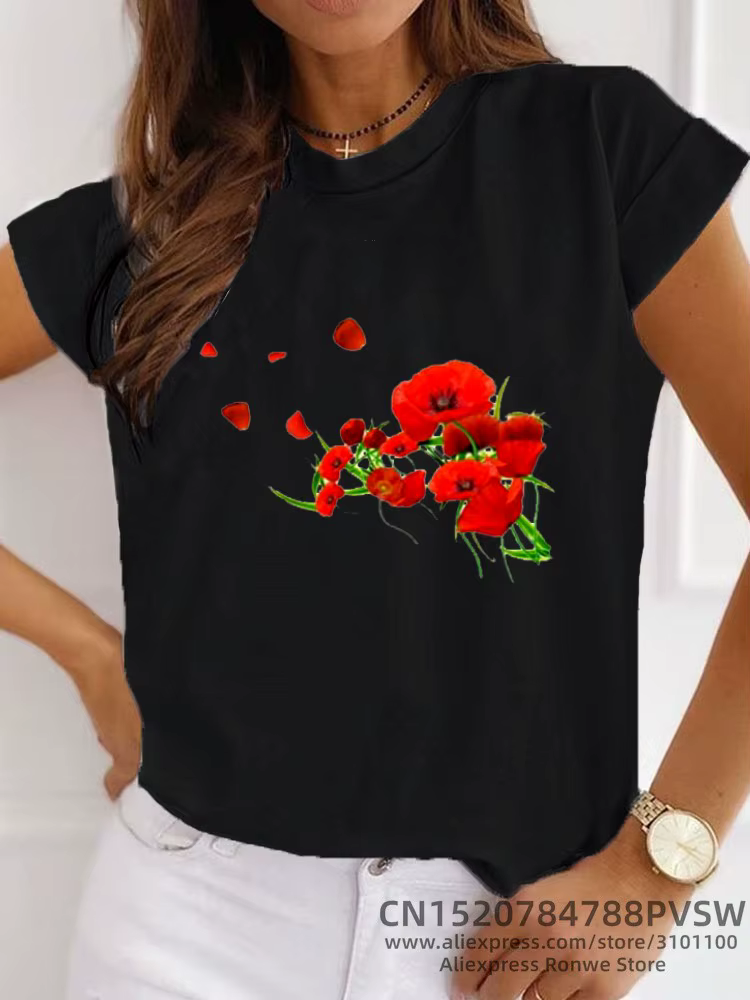 T-shirt imprimé drôle de fleurs rouges pour femmes