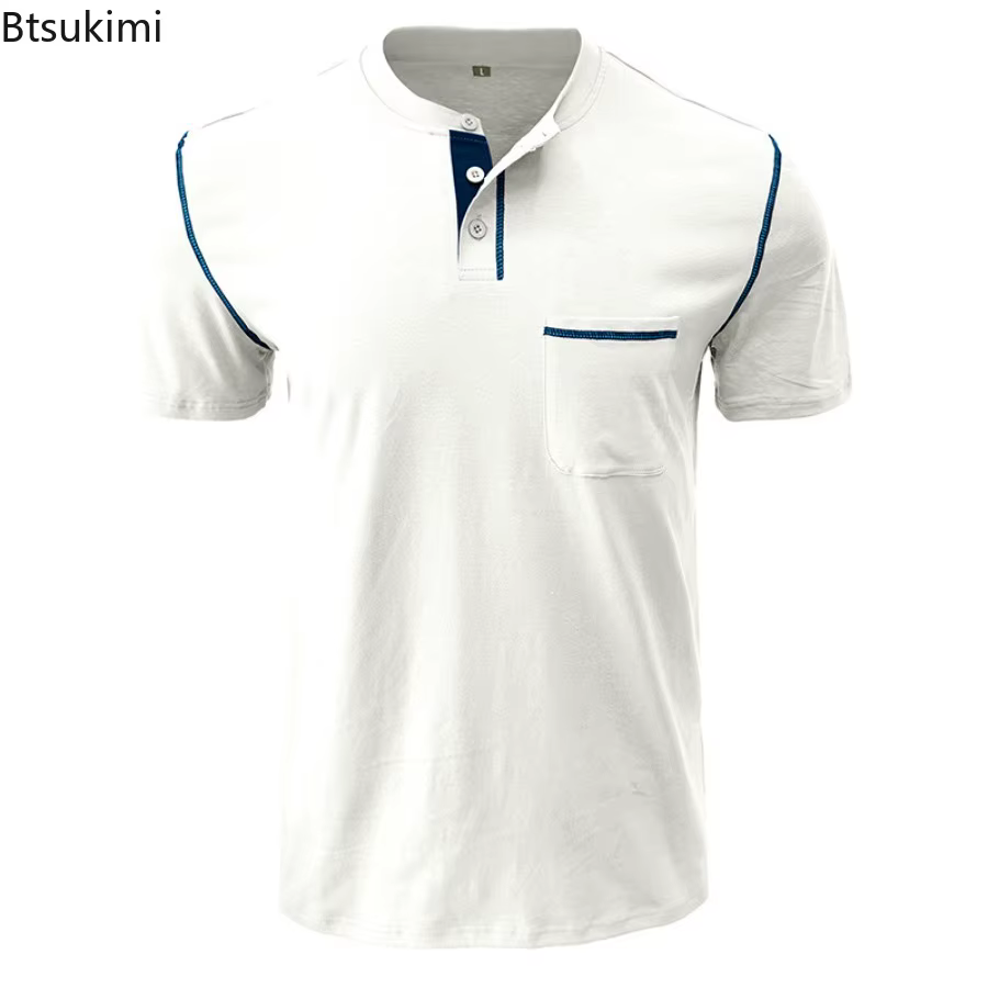 Nouveau Polo de Golf Homme à Col Henry Manches Courtes – T-shirt Décontracté d'Été Respirant avec Poche
