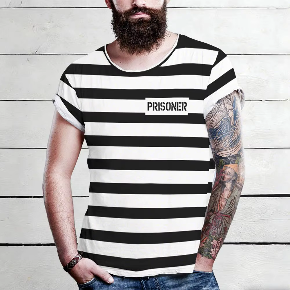 Abstract Prison uniforme style rayé imprimé T-shirt drôle jeu de rôle à manches courtes haut unisex humoristique personnalisé vêtements de rue