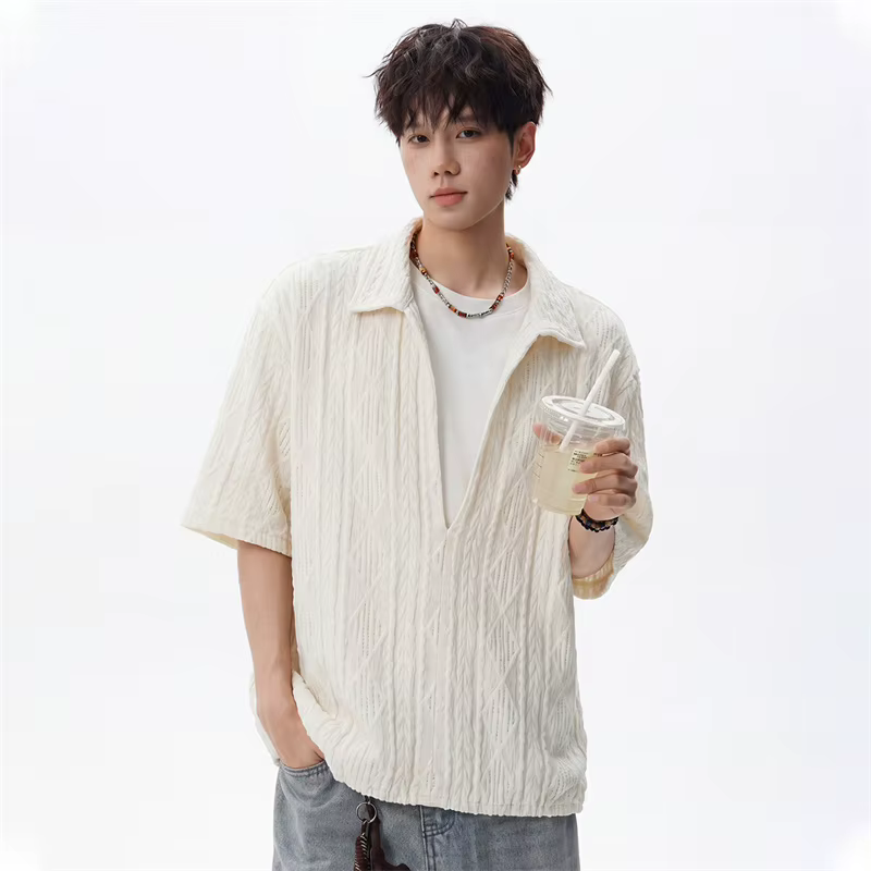 Chemises Polo Homme Été 2026 Effet Deux Pièces Creuses Décontractées T-shirts Graphiques Argyle Mode Rétro Street Y2K Hauts Tricotés Rayés