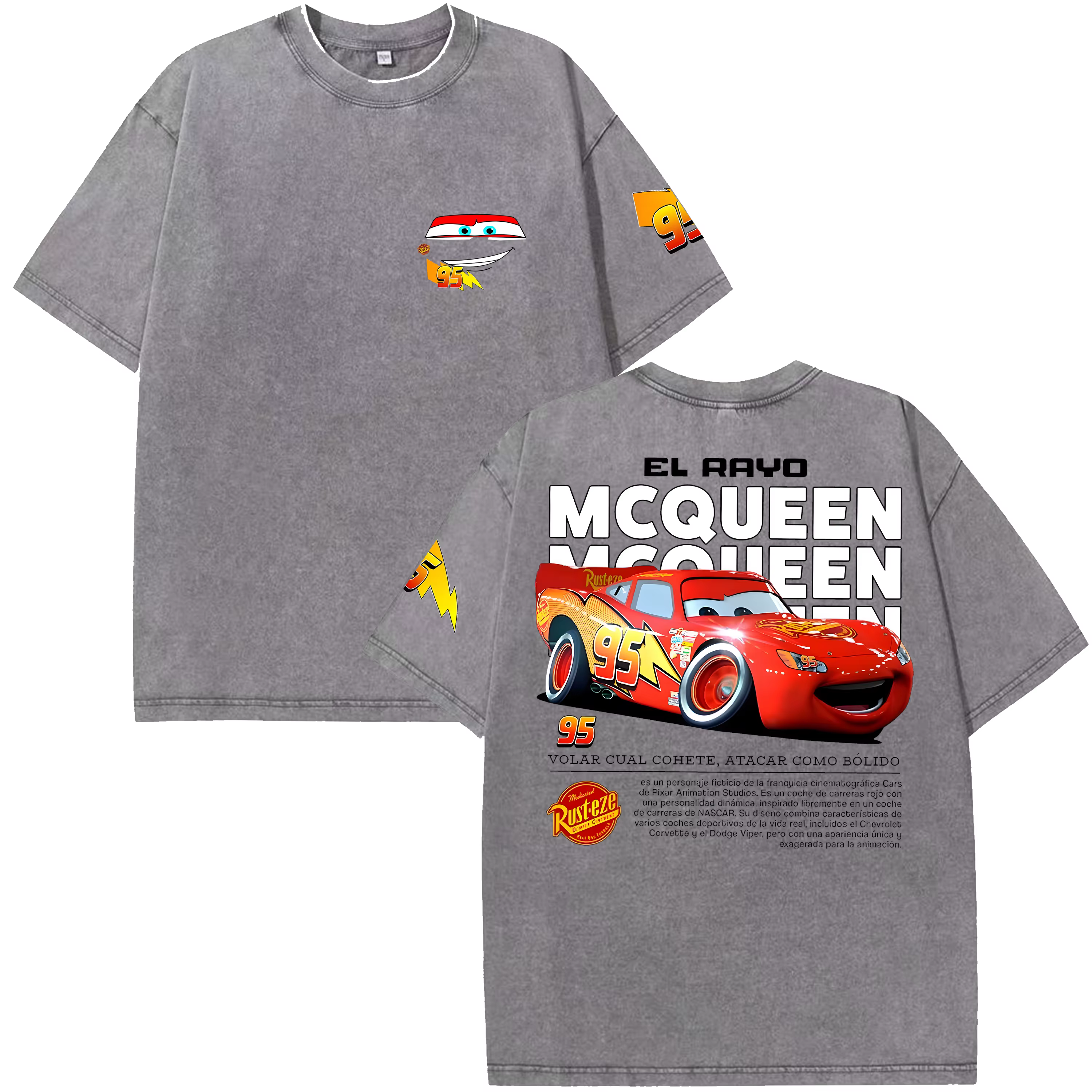 T-shirt Rétro Lightning McQueen Effet Délavé Homme et Femme Coupe Oversize Manches Courtes Motif Voiture Dessin Animé