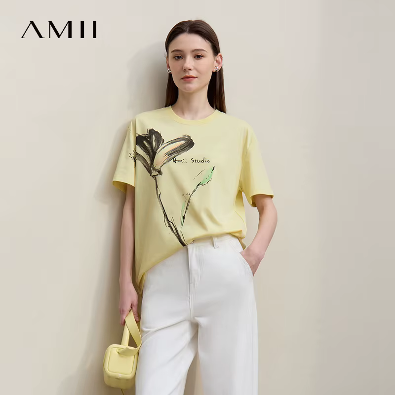 T-shirt femme Amii 2026 – Nouvelle collection été – Coton rafraîchissant – Col rond – Imprimé encre – Coupe ample – Manches courtes – Hauts 12622149