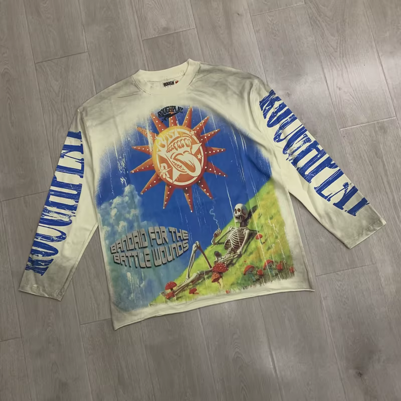 T-shirt imprimé délavé style rétro américain à manches longues