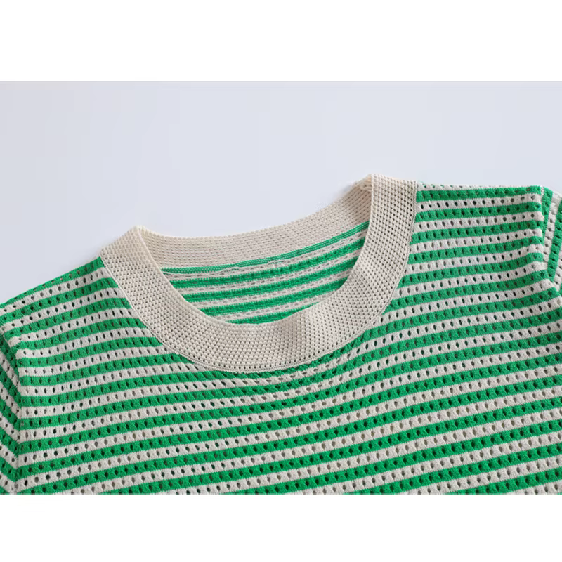 T-shirt Pour Femmes Tricoté Évider Mince Rayé