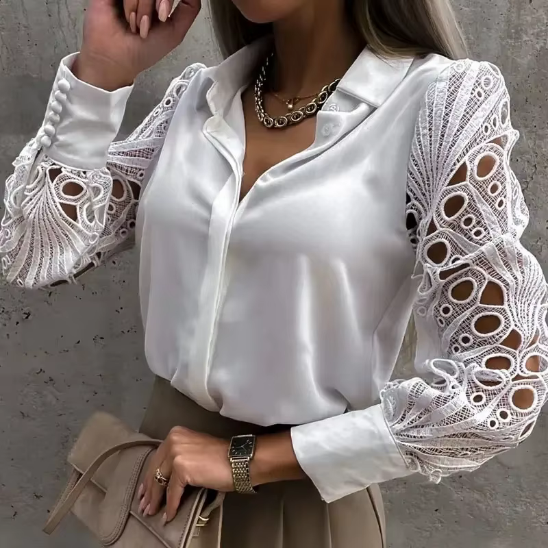 Blanc Sexy dentelle évider femmes Blouse automne printemps haut noir Vintage boutonné chemises à manches longues hauts