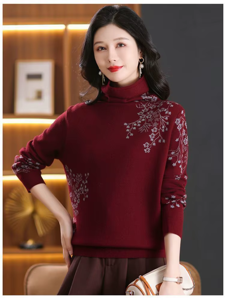 Vêtements d'hiver femme Vintage imprimé chemise en laine printemps automne col roulé chaud tricots Pull col roulé Pull femmes Pull