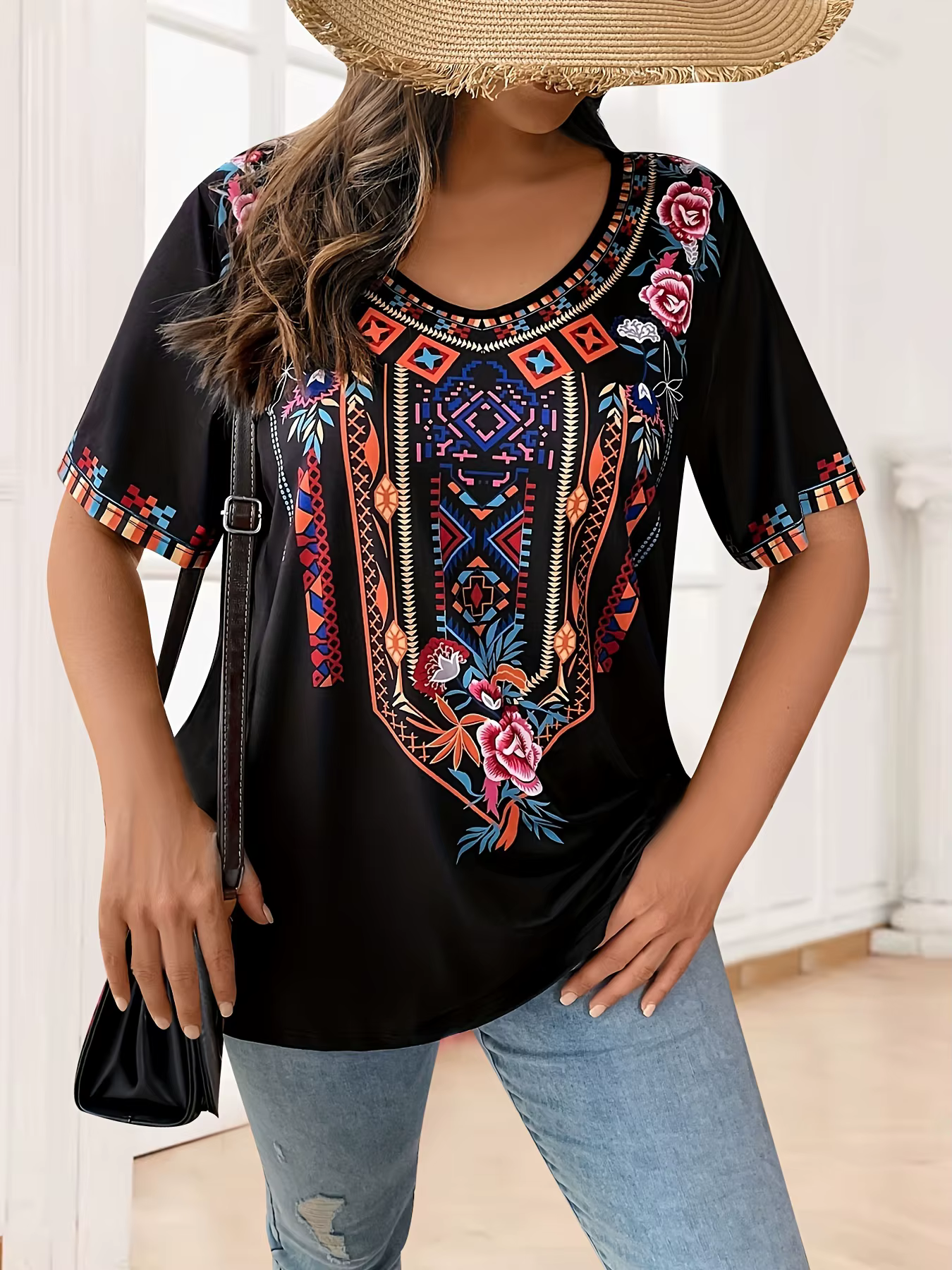 Grande taille femmes T-Shirt Boho Harajuku imprimé graphique été à manches courtes décontracté hauts rue mode