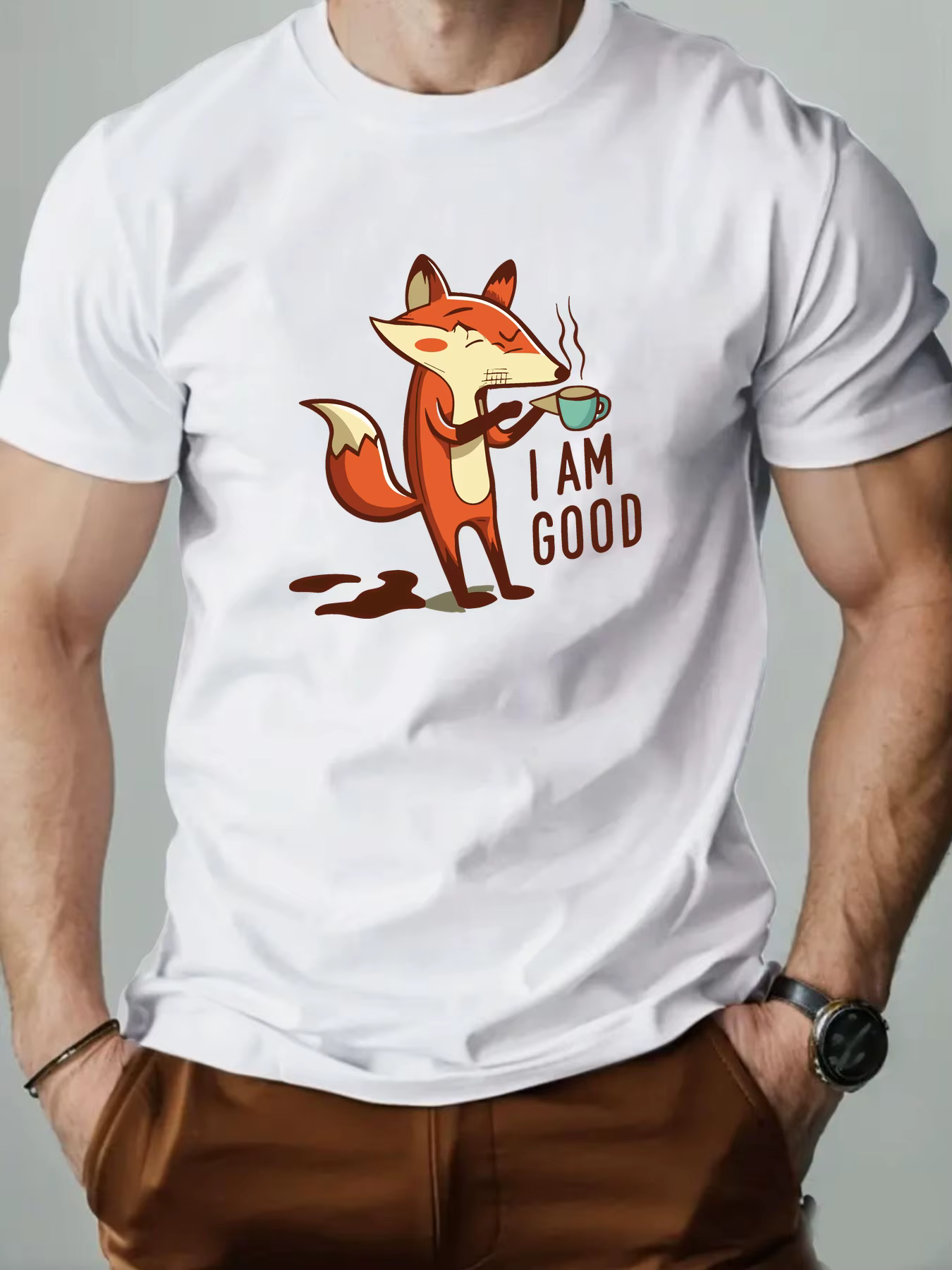 T-Shirt homme Animal renard dessin animé motif été loisirs respirant 100% coton col rond
