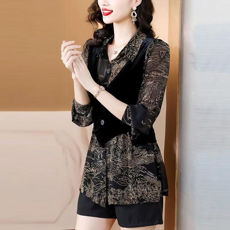 Faux chemisier deux pièces pour femme, col polo, bouton épissé, imprimé, mode, mince, manches longues, unique, haut de chemise, automne, hiver, nouveau, 2024