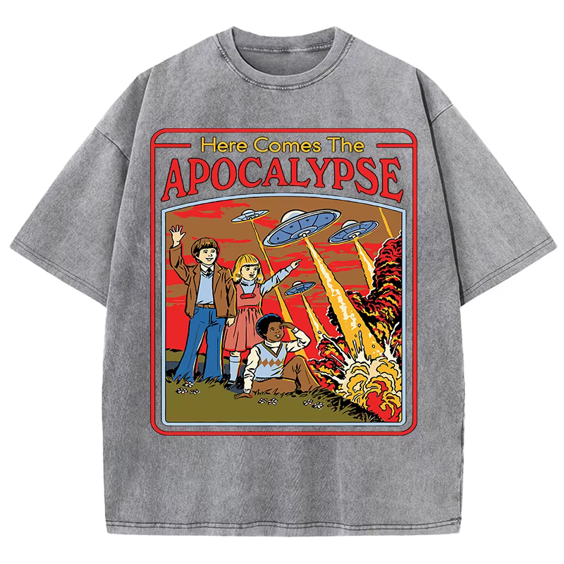 T-shirt vintage imprimé Apocalypse, style rétro délavé, pour homme, été, unisexe, en coton, tendance, effet délavé, confortable, doux, hauts pour homme