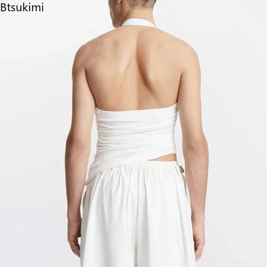 Nouveaux hommes personnalisés gilet hauts sangle épaule creux tricoté débardeurs élastique mince Fit